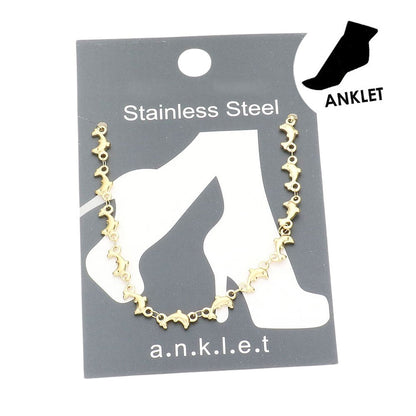 Gold Stainless Steel Dolphin Link Anklet adds a touch of elegance to any outfit. Made from high-quality stainless steel, this anklet is durable and resistant to tarnishing. Its unique dolphin link design represents grace and freedom, making it a perfect accessory for those who love the ocean. Transform your look today with this beautiful piece. 