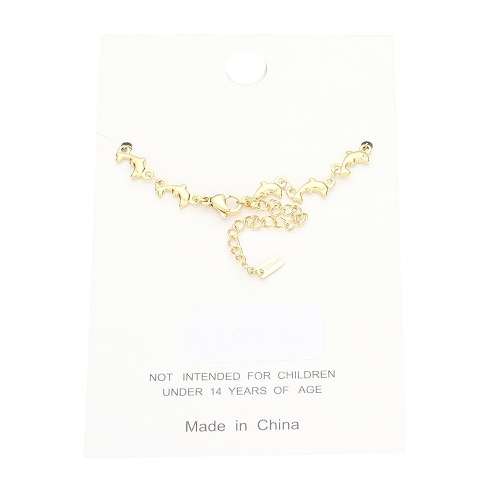 Gold Stainless Steel Dolphin Link Anklet adds a touch of elegance to any outfit. Made from high-quality stainless steel, this anklet is durable and resistant to tarnishing. Its unique dolphin link design represents grace and freedom, making it a perfect accessory for those who love the ocean. Transform your look today with this beautiful piece. 