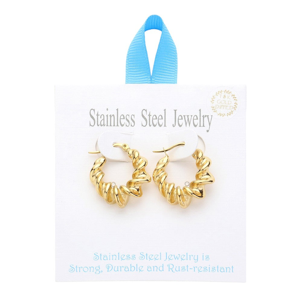 Gold Stainless Steel Spiral Hoop Earrings feature a unique pin catch design that securely holds the hoops in place. Made of high-quality stainless steel, these earrings are durable and hypoallergenic, making them perfect for everyday wear. Elevate your style with modern, stylish earrings that offer functionality and fashion.