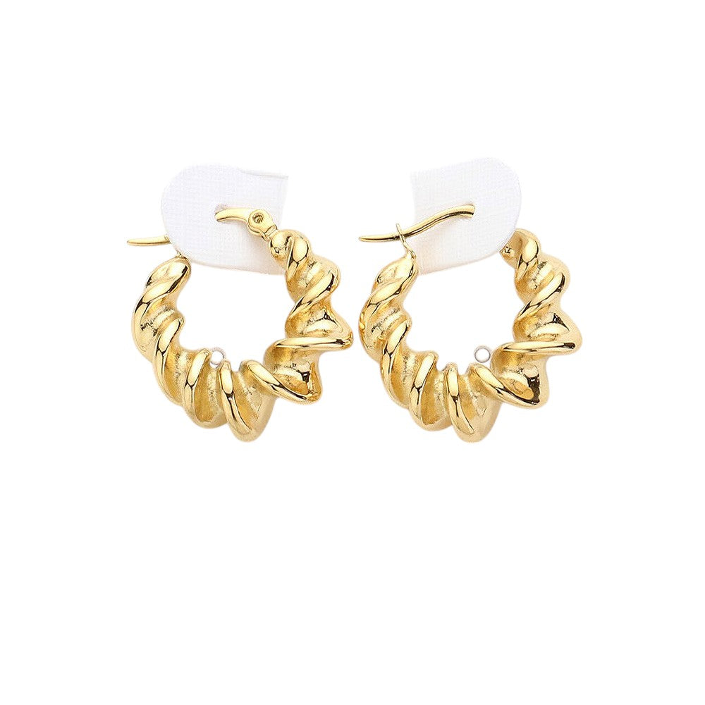 Gold Stainless Steel Spiral Hoop Earrings feature a unique pin catch design that securely holds the hoops in place. Made of high-quality stainless steel, these earrings are durable and hypoallergenic, making them perfect for everyday wear. Elevate your style with modern, stylish earrings that offer functionality and fashion.
