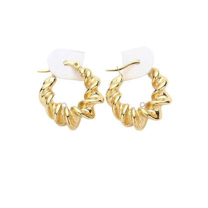 Gold Stainless Steel Spiral Hoop Earrings feature a unique pin catch design that securely holds the hoops in place. Made of high-quality stainless steel, these earrings are durable and hypoallergenic, making them perfect for everyday wear. Elevate your style with modern, stylish earrings that offer functionality and fashion.
