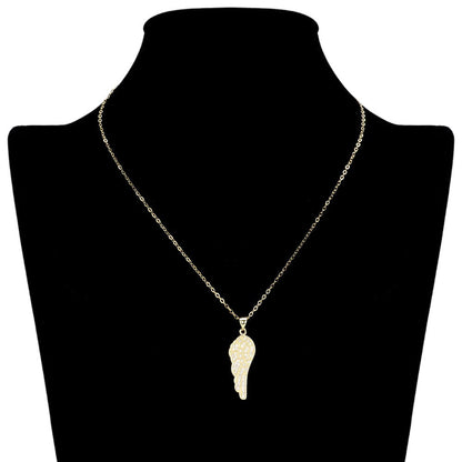 Gold Stainless Steel Stone Paved Wing Pendant Necklace is a unique and stylish piece of jewelry that is perfect for any occasion. Made with high-quality stainless steel, it is durable and resistant to tarnishing. The intricate pave design adds a touch of elegance, making it a perfect addition to any outfit. Elevate your style with this eye-catching necklace.