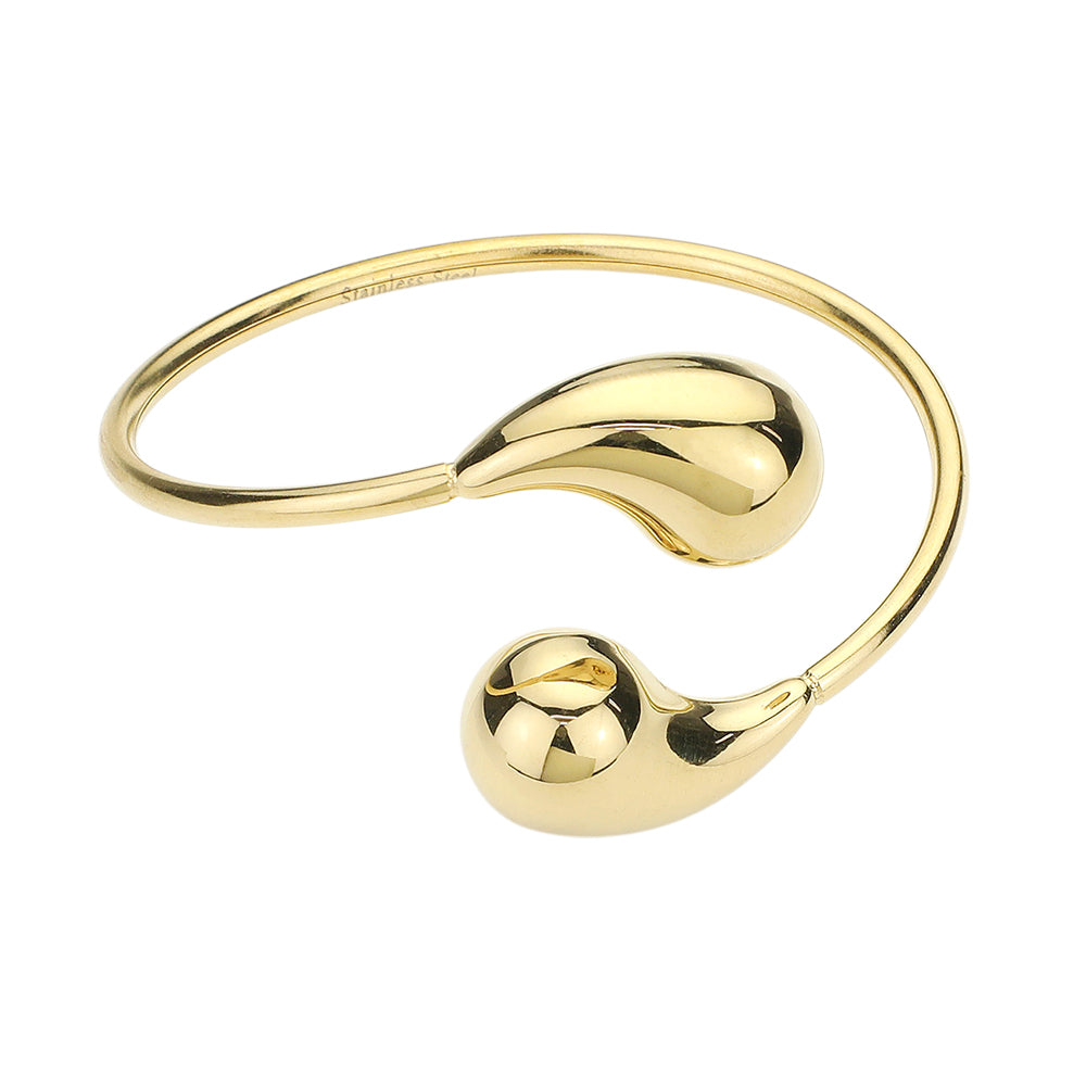 Gold Stainless steel teardrop tip wire bangle bracelet offers a sleek and modern design, perfect for any outfit. Made with durable materials, it is both stylish and long-lasting. Add a touch of elegance to your wardrobe with this stunning bracelet.