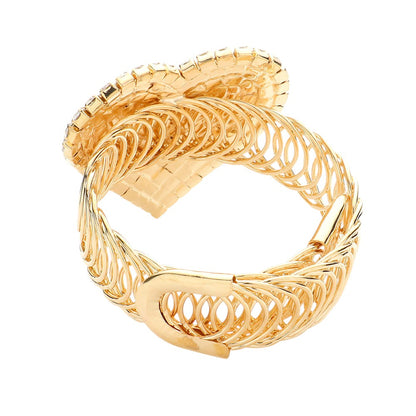 Gold Stone Embellished Heart Evening Bracelet will add a touch of elegance to any outfit. With its delicate stone embellishments and heart-shaped charm, it is perfect for a night out or a special occasion. Its sophisticated design and high-quality materials make it a must-have for any fashionable individual.