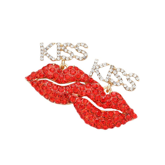 Gold Stone Embellished Kiss Message Lips Link Dangle Earrings feature unique stone embellishments and a playful kiss design, adding a touch of glam to any outfit. Show off your fun side with these eye-catching earrings.