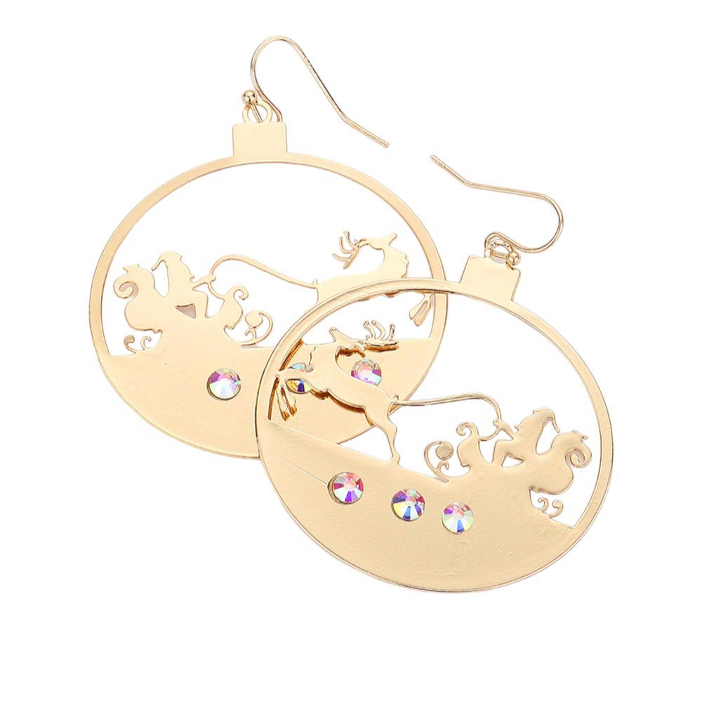 Gold-Stone Embellished Cut Out Santa Claus Brass Metal Round Dangle Earrings, A beautiful stone embellishment and cut-out design, making them the perfect festive accessory. The stones add a touch of sparkle to your holiday outfit, while the cut-out design adds a unique and charming touch. 
