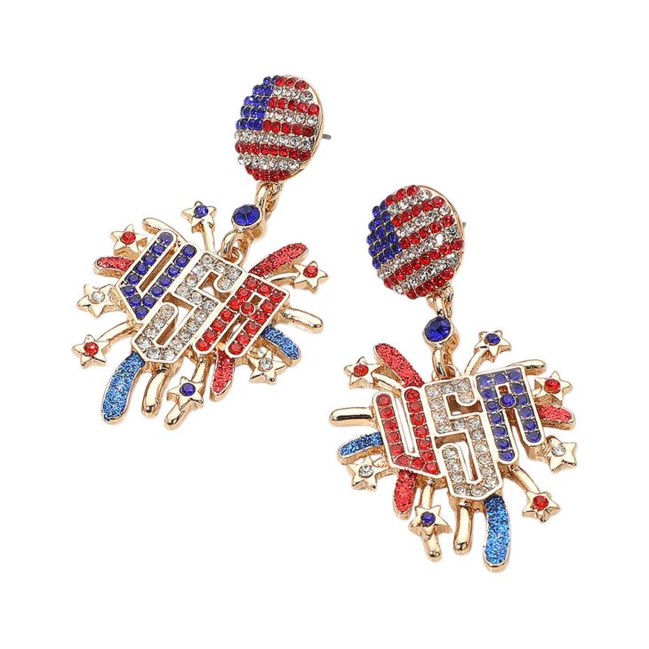 Gold Patriotic ribbon stud earrings with sparkling detail, ideal for national celebrations, themed events, or showcasing American pride in style. Lightweight and festive.