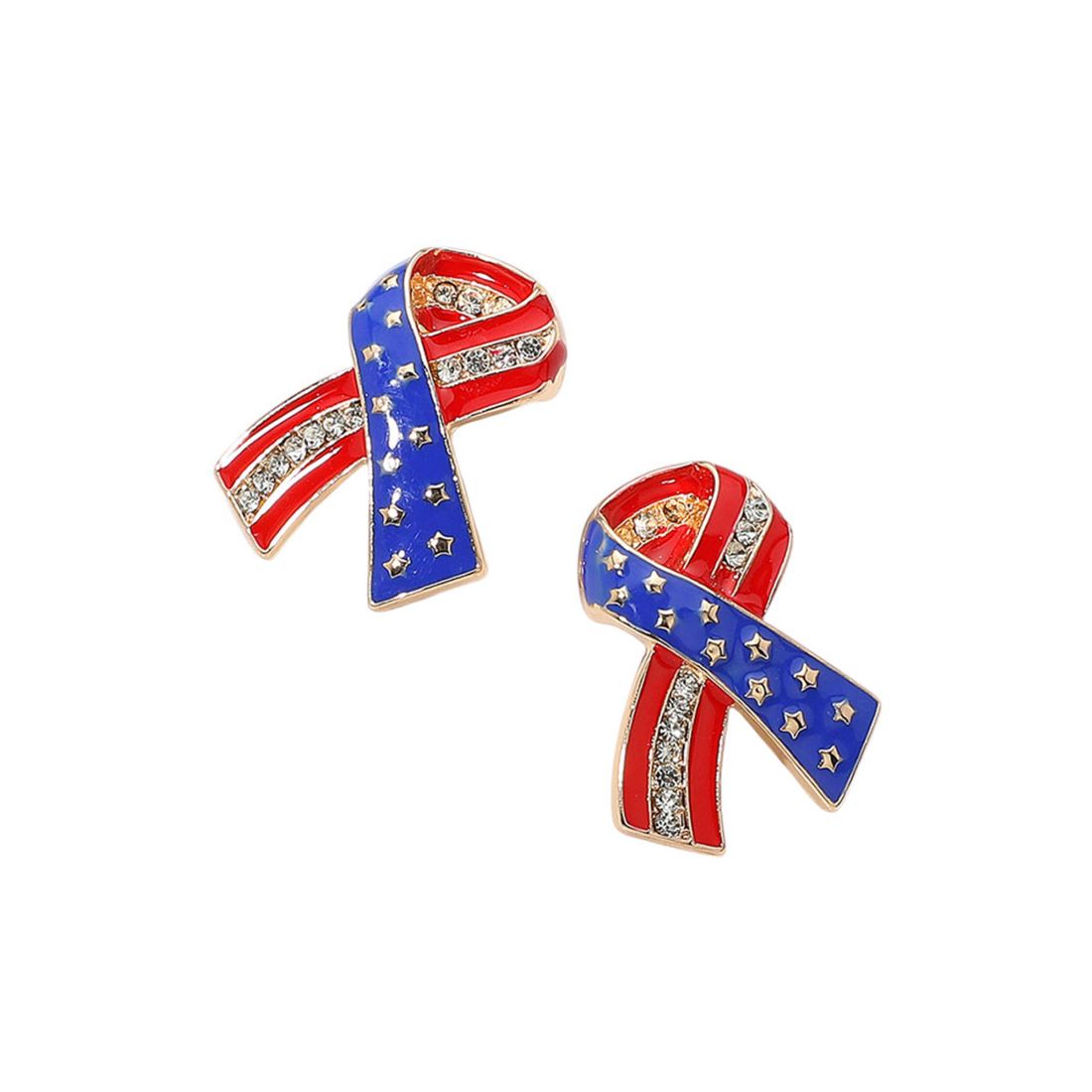 Gold Patriotic ribbon stud earrings with sparkling detail, ideal for national celebrations, themed events, or showcasing American pride in style. Lightweight and festive.