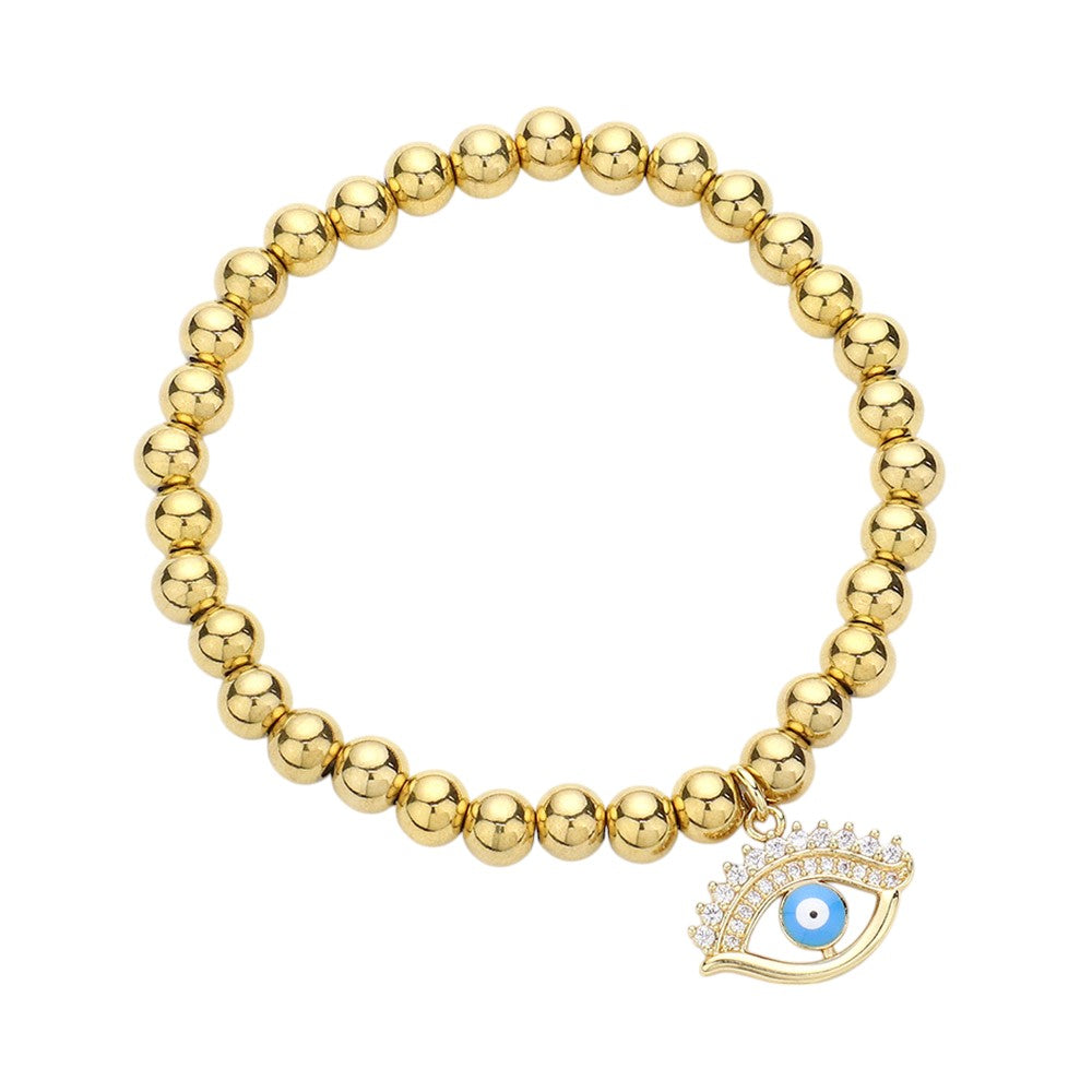 Stone Paved Enamel Evil Eye Charm Stainless Steel Bubble Stretch Bracelet - Gold - Bracelets