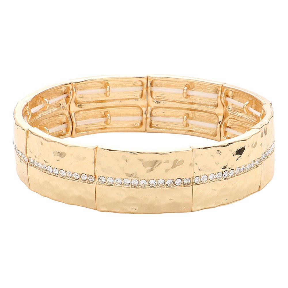 Gold-Stone Paved Line Center Pointed Hammered Metal Stretch Bracelet, This stylish Metal Stretch Bracelet has a stunning stone-paved line center and a hammered metal finish. With its stretchable design, it offers effortless comfort and versatility. Elevate your style with this must-have bracelet.