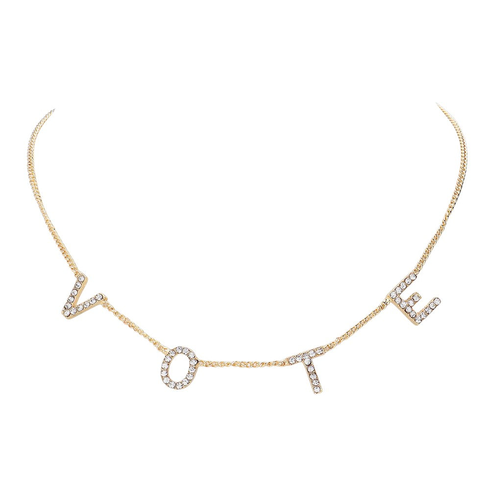 Gold Stone Paved VOTE Initial Message Station Necklace is a must-have for any politically motivated individual. Featuring a bold VOTE initial message, the necklace is adorned with sparkling stones, making it a beautiful statement piece. Show your support for your beliefs with this elegant and meaningful necklace.