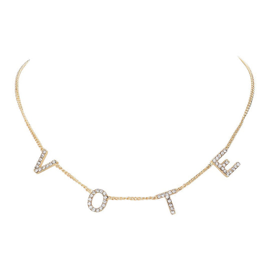 Gold Stone Paved VOTE Initial Message Station Necklace is a must-have for any politically motivated individual. Featuring a bold VOTE initial message, the necklace is adorned with sparkling stones, making it a beautiful statement piece. Show your support for your beliefs with this elegant and meaningful necklace.