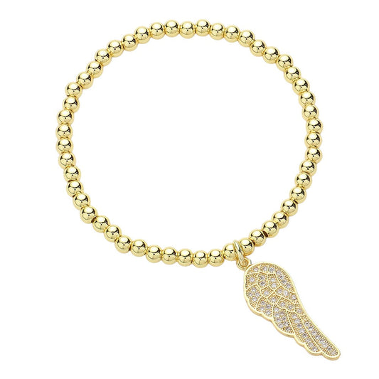 Gold Stone Paved Wing Charm Stainless Steel Beaded Stretch Bracelet is a stylish and durable accessory. The stones add a touch of elegance, while the stainless steel beads provide durability and a sleek look. The stretch feature allows for a comfortable and easy fit. Elevate any outfit with this versatile and high-quality bracelet.
