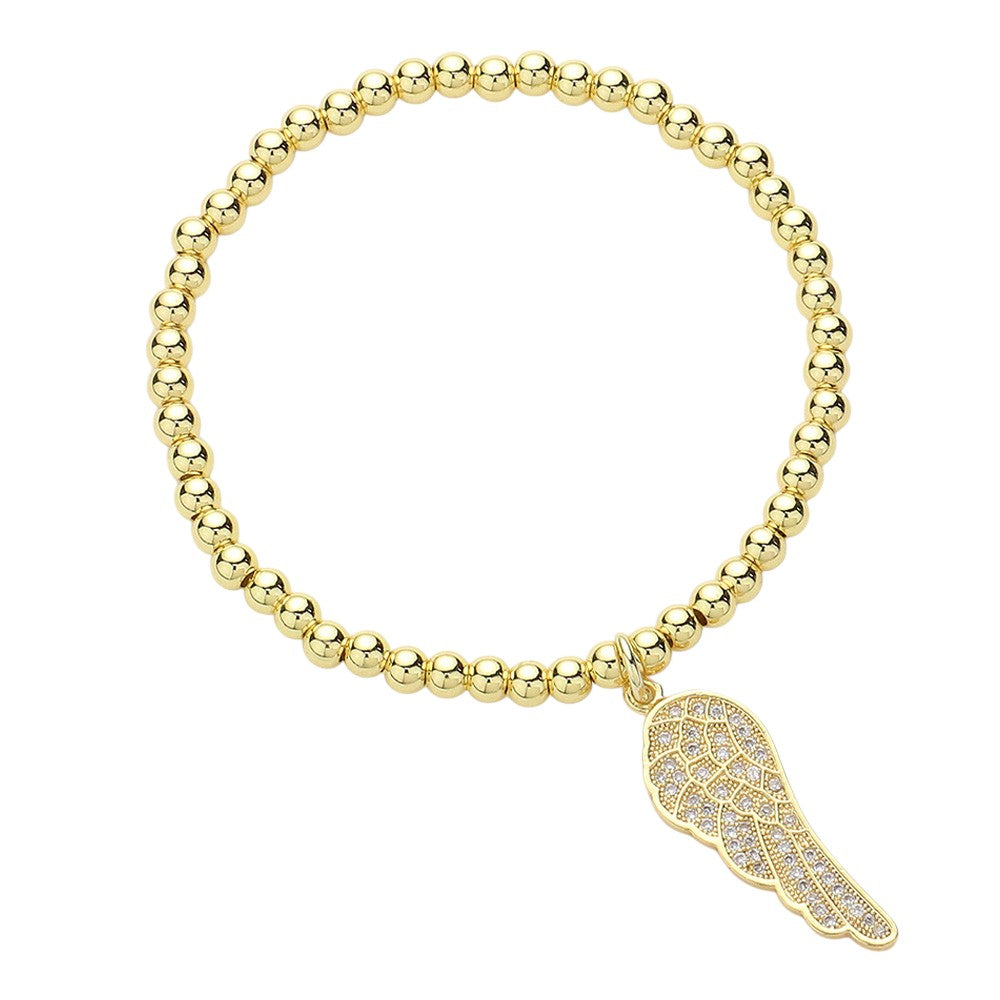 Stone Paved Wing Charm Stainless Steel Beaded Stretch Bracelet - Assorted - Bracelets