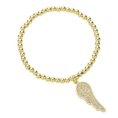 Stone Paved Wing Charm Stainless Steel Beaded Stretch Bracelet - Assorted - Bracelets