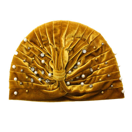 Stone Pearl Detailed Pleated Turban Beanie Hat - Gold - Beanies