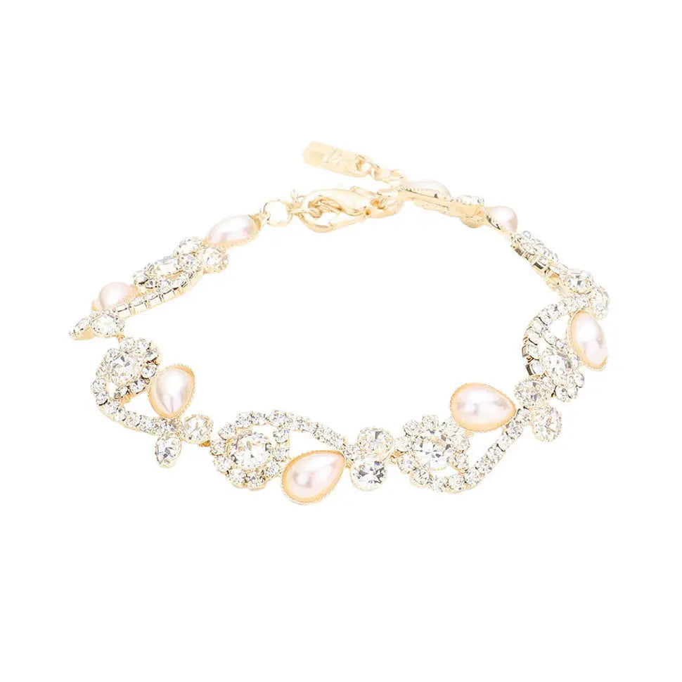 Gold Teardrop Pearl Detail Rhinestone Pave Floral Evening Bracelet, put on a pop of color to complete your ensemble. Perfect for adding just the right amount of shimmer & shine and a touch of class to special events. Perfect Birthday Gift, Anniversary Gift, Mother's Day Gift, Graduation Gift, Valentine’s Gift.