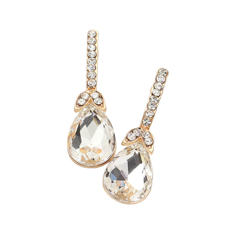 Gold Teardrop Stone Accented Evening Earrings, featuring Gorgeous evening earrings and teardrop stones accented with sparkling crystals. These earrings will add a touch of glamour to any attire. Perfect for any occasion. These beautifully unique designed earrings are suitable as gifts for wives, friends, and mothers.