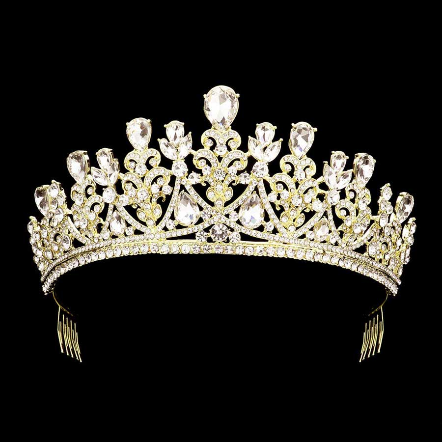 Gold Teardrop Stone Accented Princess Tiara, This elegant shining Stone design, makes you more charming. A stunning Teardrop Stone Accented Princess Tiara that can be a perfect Bridal Headpiece. This tiara features precious stones and an artistic design. Makes You more eye-catching in the crowd. This unique Hair Jewelry is suitable for any special occasion to add a luxe, attraction, and a perfect touch of class. It is the perfect compliment that will make your whole party look come to life. 
