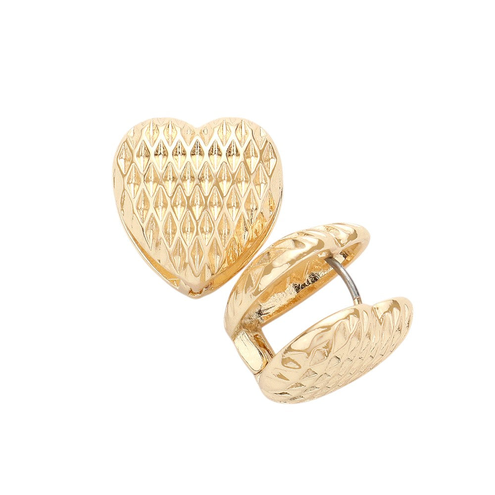 Textured Heart Metal Huggie Earrings - Gold - Earrings