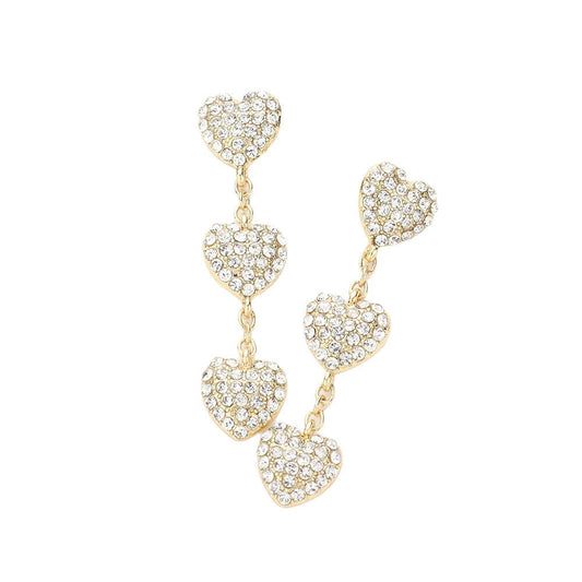 Gold Elevate your elegance with our Triple Stone Paved Heart Link Dropdown Earrings. Featuring three stunning stone accents, these earrings add a touch of glam to any outfit. Crafted with a heart link design, they make the perfect accessory for romantic occasions. Embrace sophistication and charm with ease.