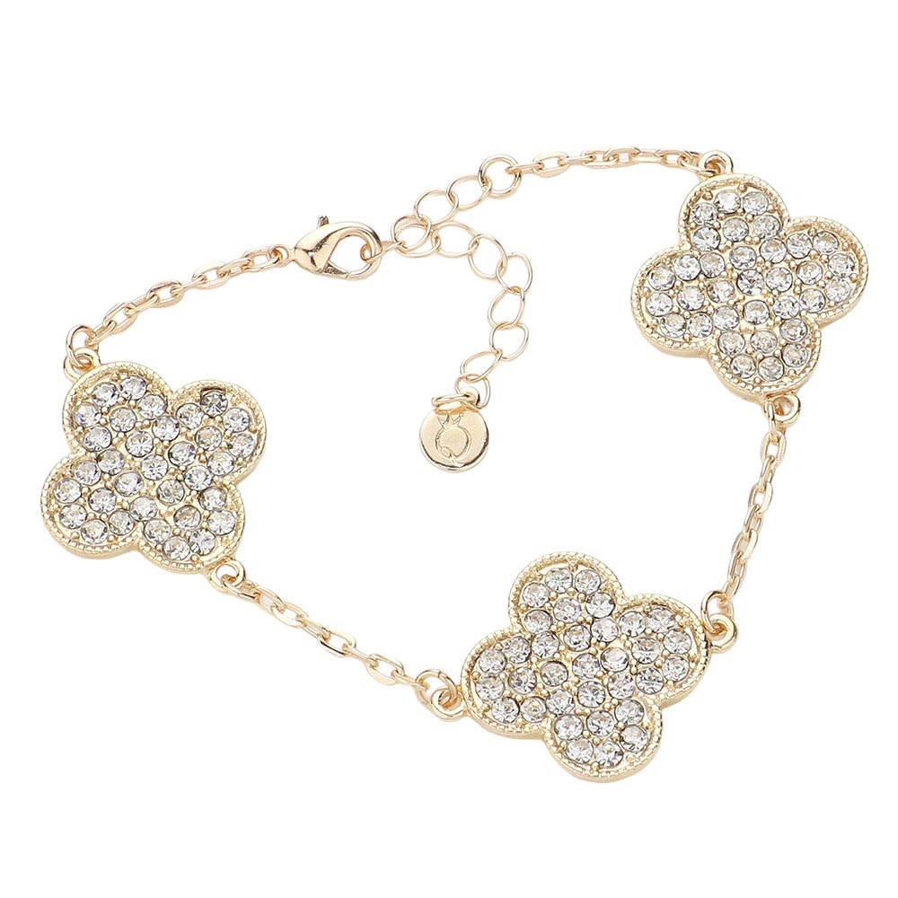 Triple Stone Paved Quatrefoil Link Bracelet - Gold - Bracelets
