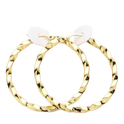 Twisted Stainless Steel Hoop Pin Catch Earrings - AB Gold - Earrings