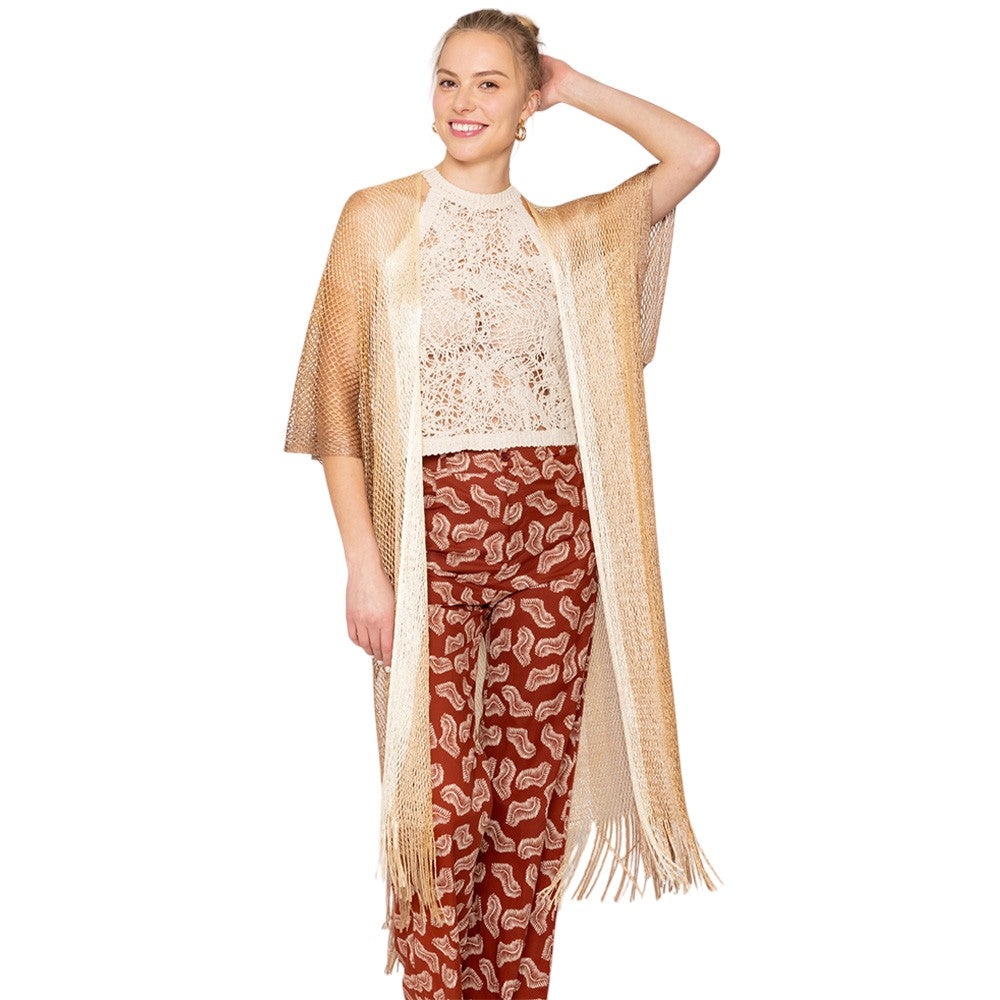 Gold Two Tone Lurex Kimono Poncho is a versatile and stylish addition to any wardrobe. Made with a unique Lurex fabric, it adds a touch of shimmer to your outfit. Its kimono design offers a comfortable and flattering fit, making it suitable for any body type. Perfect for adding a pop of color and sparkle to your outfit. 