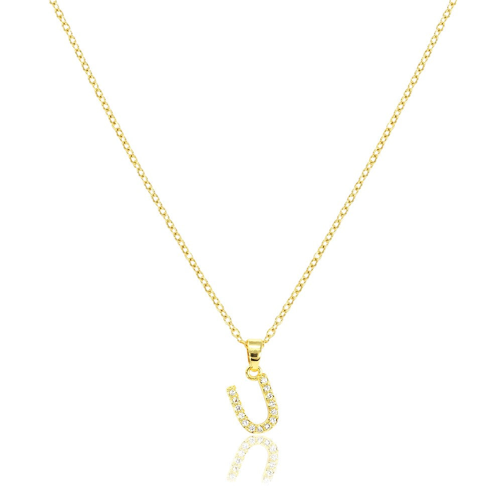 Gold U Stainless Steel CZ Stone Paved Monogram Pendant Necklace features a stunning and unique design. The high-quality stainless steel construction and CZ stone pave detailing ensures durability and add a touch of elegance. Perfect for accessorizing any outfit and making a personalized statement.