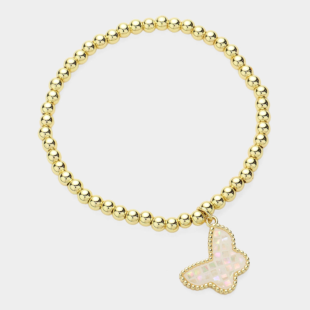 Butterfly Charm Pointed Stainless Steel Ball Beaded Bracelet - White Gold - Bracelets