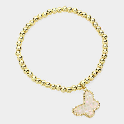 Butterfly Charm Pointed Stainless Steel Ball Beaded Bracelet - White Gold - Bracelets