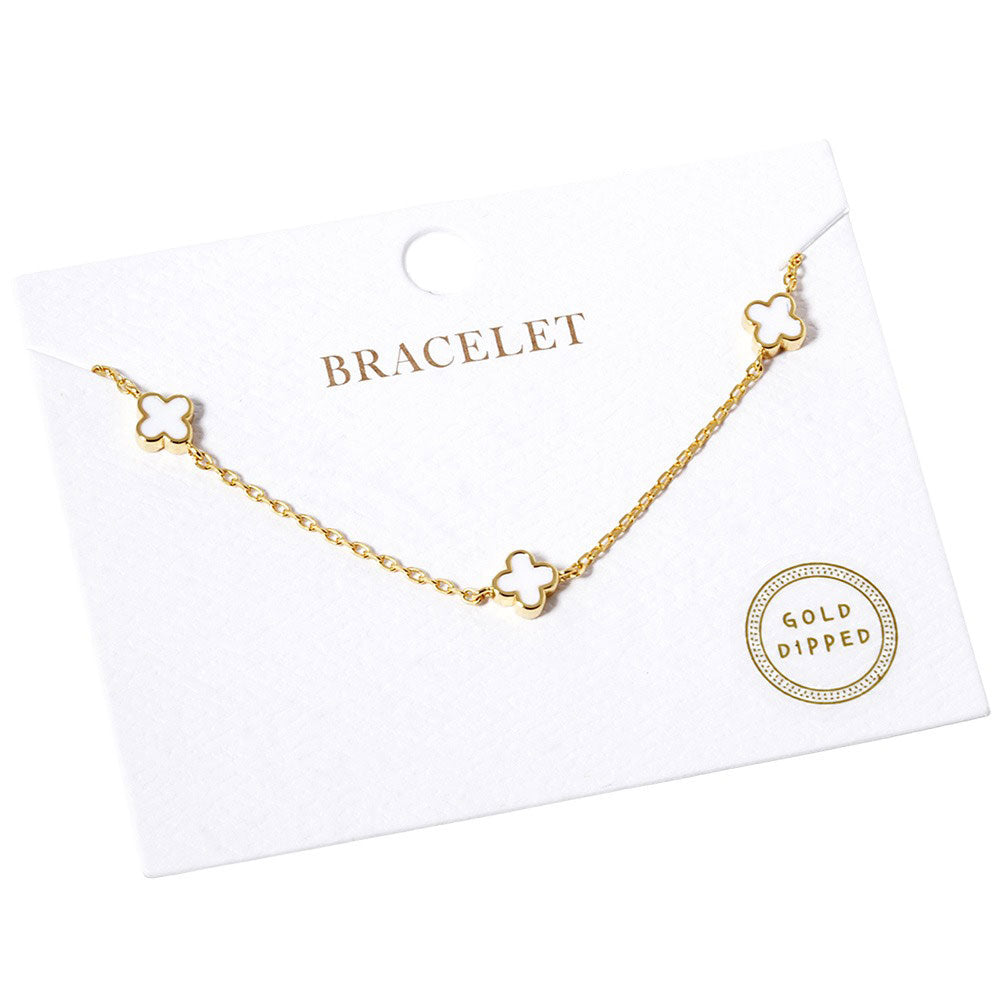 Gold White Gold Dipped Triple Quatrefoil Link Bracelet, is the perfect accessory for any outfit. Crafted using gold-dipped materials, it is lightweight, durable, and will not tarnish. A triple Quatrefoil Link design adds interest and style to any look. This beautiful bracelet can be a nice gift to your loved ones on any occasion.