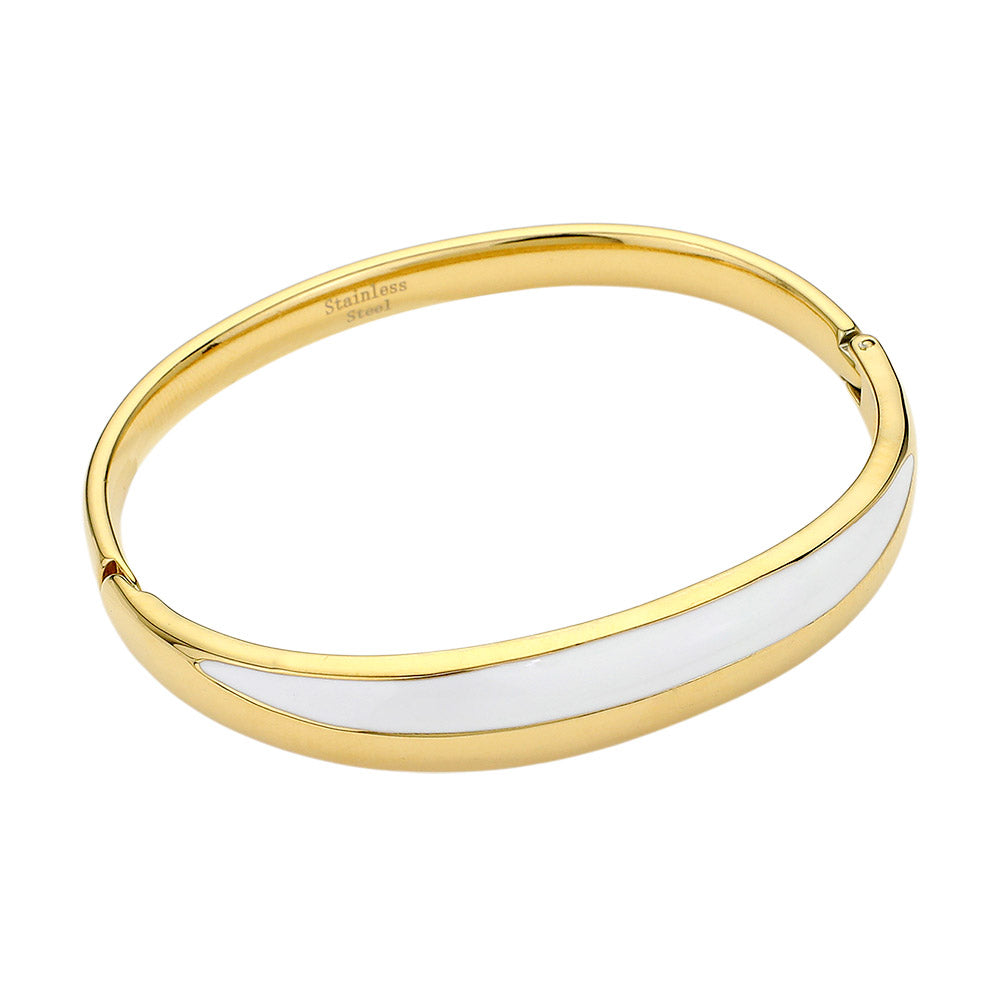 Gold White Stainless steel enamel hinged bangle bracelet is a sleek and durable addition to any jewelry collection. Made from high-quality stainless steel, it offers long-lasting wear and a touch of elegance to any outfit. The hinged design allows for easy wear and removal, making it a convenient and stylish choice for daily wear.
