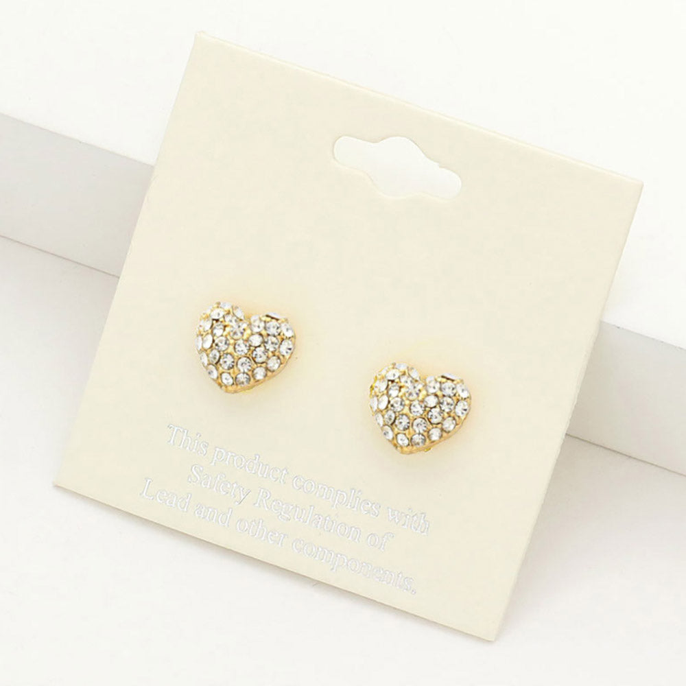 Gold Crystal Pave Heart Stud Earrings add elegance to any outfit. The sparkling pave design is crafted precisely, and the heart shape symbolizes love and affection, making them the perfect accessory for any special occasion.