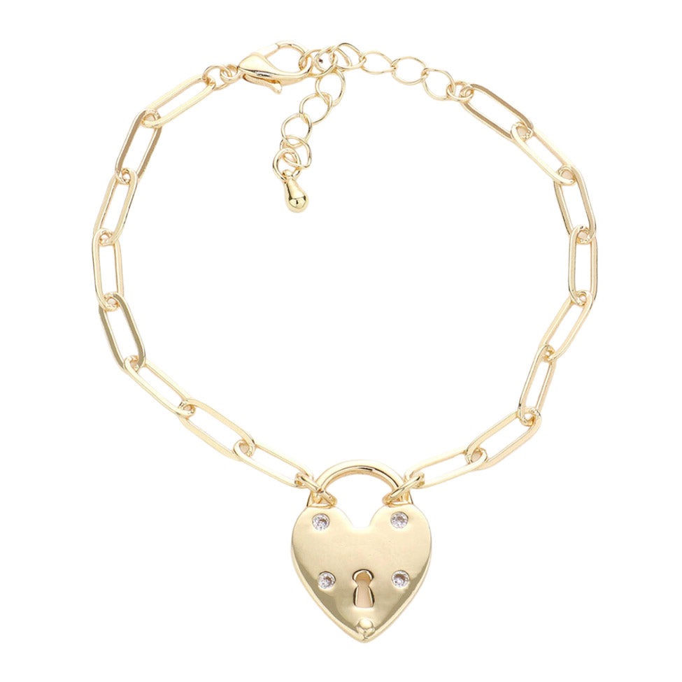 Brass Metal CZ Embellished Heart Lock Charm Bracelet