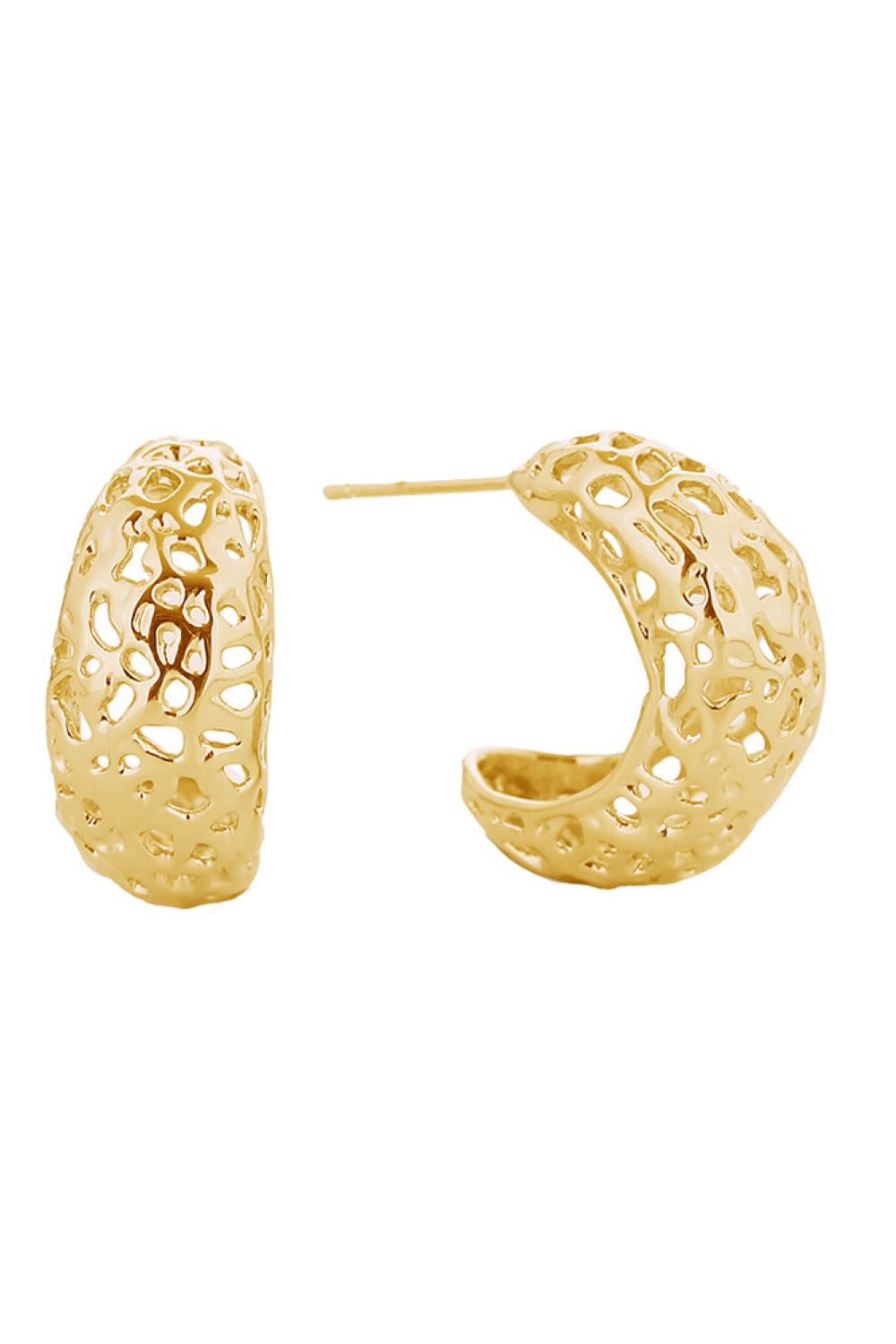 Gold Elevate your everyday look with these stunning 14K Gold and White Gold dipped artsy cutout hoop post earrings. Crafted from hypoallergenic brass, they're gentle on sensitive skin while delivering bold, contemporary style. The intricate cutout design adds artistic flair to any outfit, and at a delicate 2.3cm, they're the perfect size for versatile wear. Lead and nickel compliant for peace of mind.