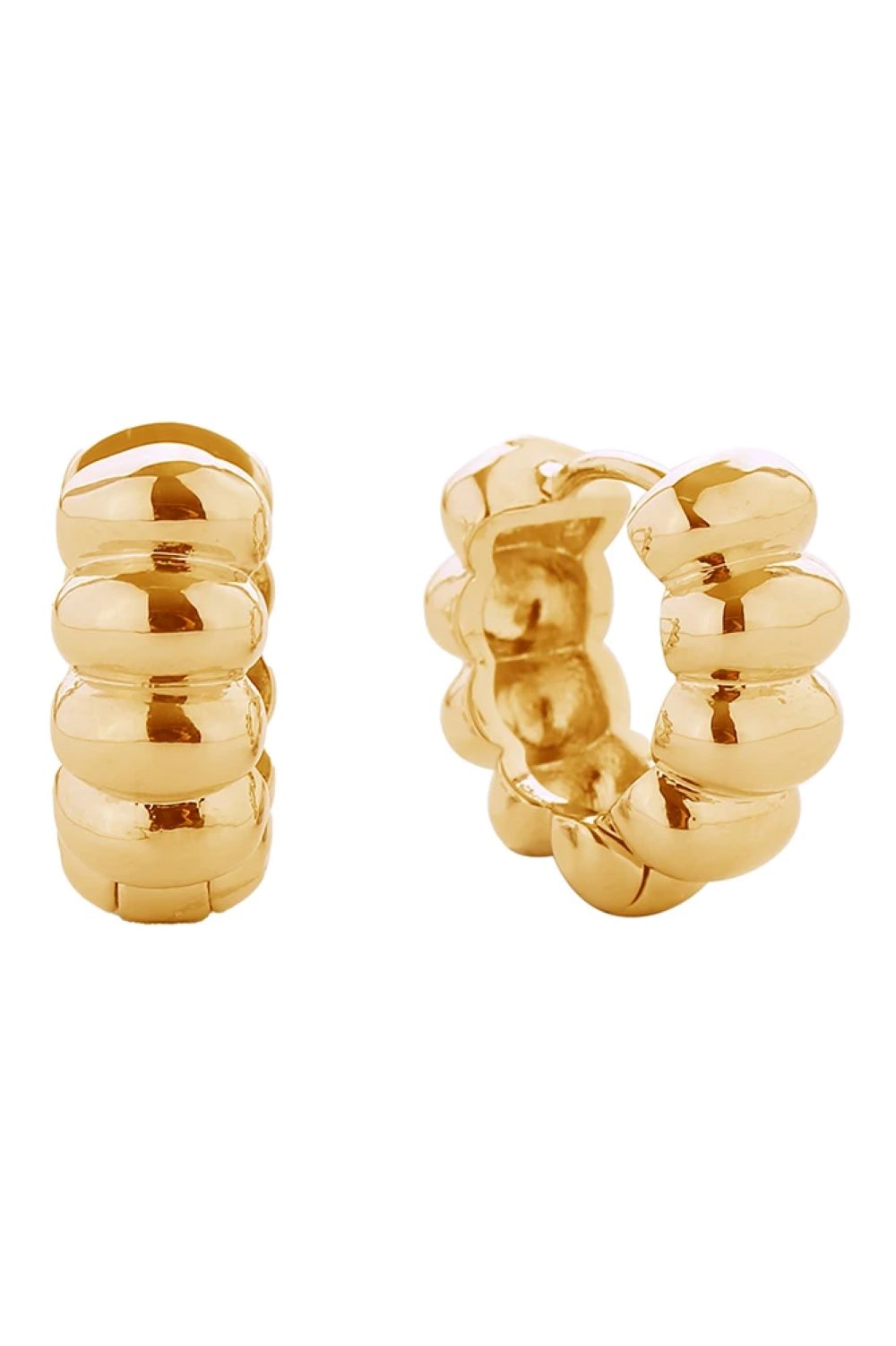 Gold Delicate 14K gold and white gold dipped huggie hoops featuring a charming balloon link design. Crafted from hypoallergenic brass, these petite earrings measure 1.6cm in diameter perfect for everyday elegance. Lead and nickel compliant for sensitive skin.