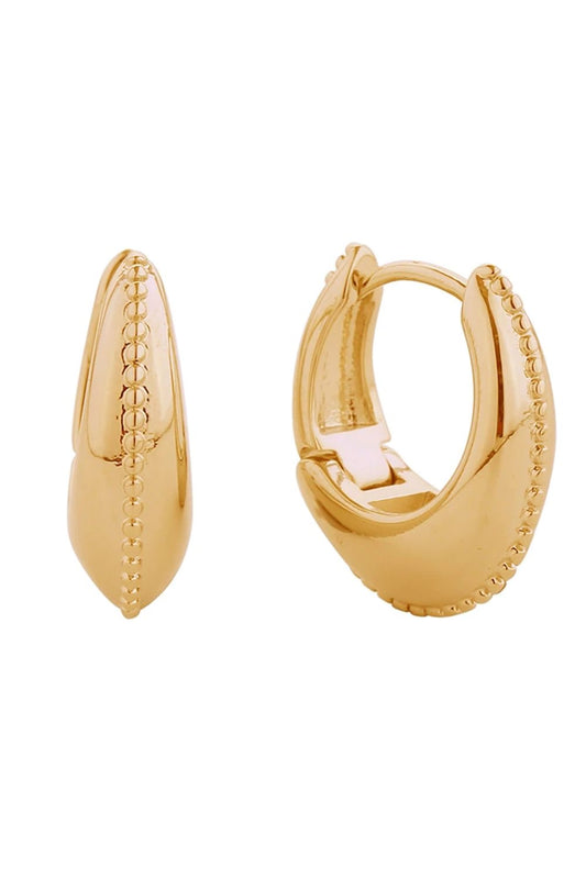 Gold Elevate your everyday look with these stunning 14K Gold/White Gold Dipped Beaded Puff Huggie Hoop Earrings. Crafted from hypoallergenic brass, these petite hoops feature a textured beaded design that catches the light beautifully. At 1.8cm in diameter, they're the perfect size for comfortable all-day wear that hugs close to the ear. Lead and nickel compliant, these earrings are safe for sensitive skin.