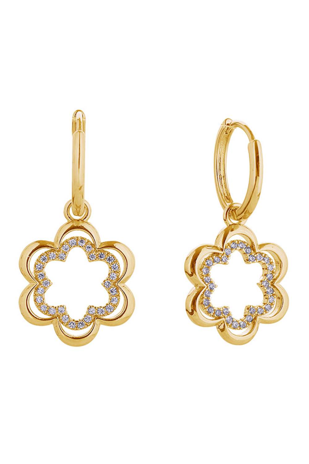 Gold Delicate blooming drop huggie earrings crafted in 14K gold or white gold-dipped brass. Adorned with sparkling cubic zirconia petals that catch the light beautifully. These hypoallergenic earrings measure 2cm and are designed for everyday elegance. Lead and nickel compliant for sensitive skin. Expertly made in Korea, they're the perfect addition to any jewelry collection.