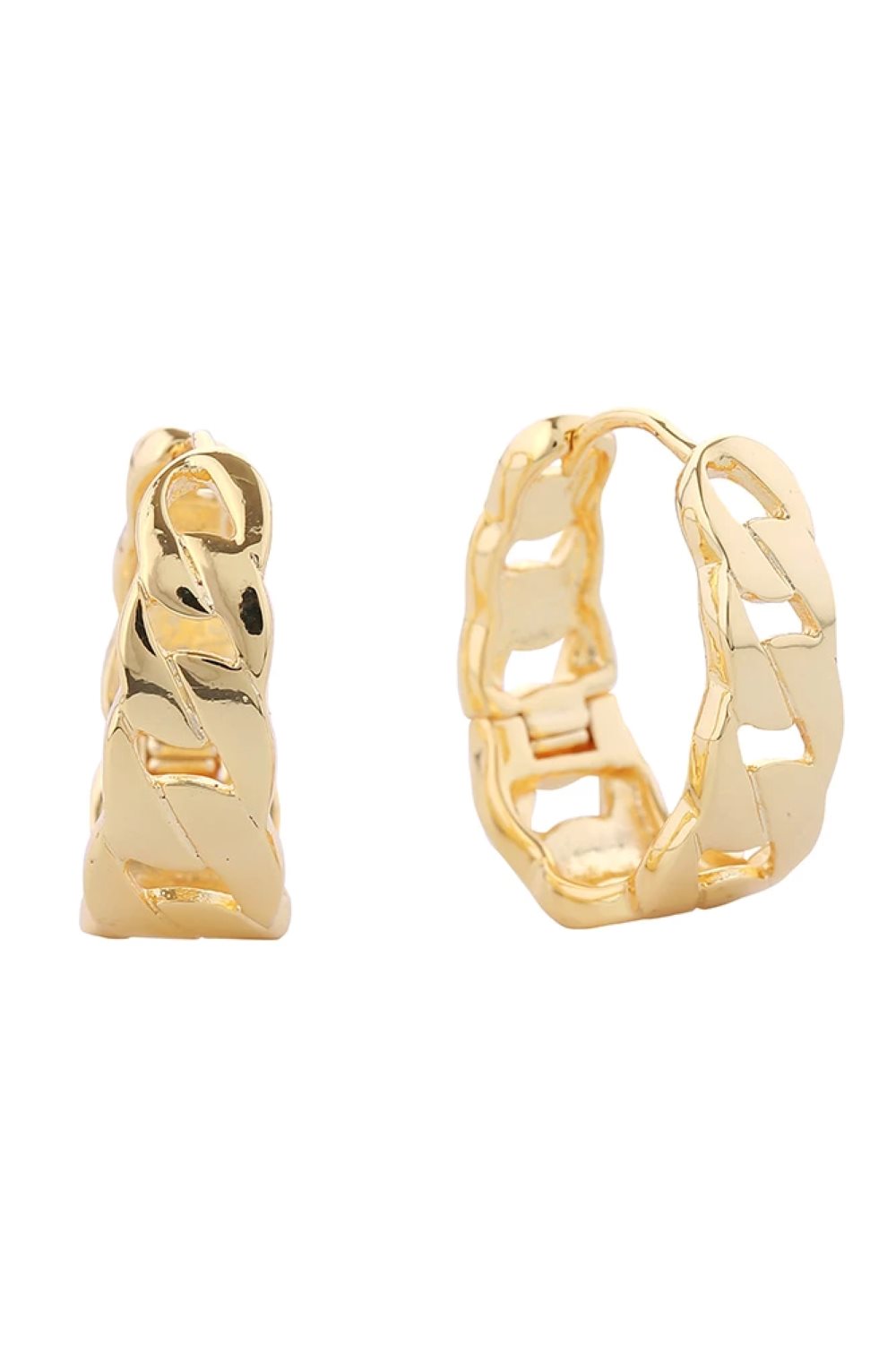Gold Make a bold statement with these stunning 14K Gold/White Dipped Chain Hoop Huggie Earrings. Crafted from hypoallergenic brass, these versatile beauties feature an eye-catching chain design that hugs close to the ear for a modern, sophisticated look. With a comfortable 2.2cm diameter, they're perfect for everyday wear or special occasions. Lead and nickel compliant, these earrings are safe for sensitive skin and designed to last. Elevate your jewelry collection with timeless elegance and contemporary st