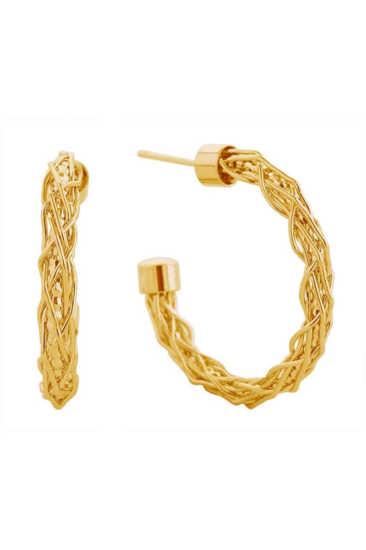 Gold Elegant 14K braided open hoop post earrings featuring a timeless design with a 3cm diameter. Crafted from hypoallergenic brass, these earrings are perfect for sensitive skin and everyday wear. Lead and nickel compliant for safety and peace of mind. The open hoop design adds a modern touch while the braided detailing brings sophistication to any look.