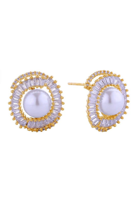 Gold Elevate your everyday elegance with these 14K Gold/White Gold dipped radiant pearl post earrings. Crafted from hypoallergenic brass with lustrous pearls and sparkling cubic zirconia accents, these delicate studs offer timeless sophistication. Measuring 1.1cm in diameter, they're the perfect size for subtle glamour. Lead and nickel compliant for sensitive skin. Expertly made in Korea.