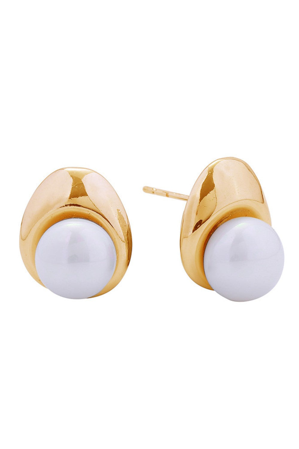 Gold Elegant button pearl post earrings crafted with 14K gold and white dipped brass. These hypoallergenic studs feature lustrous pearls set in a timeless design, perfect for everyday wear or special occasions. With a delicate 1.7cm diameter, they offer subtle sophistication. Lead and nickel compliant for sensitive skin. A versatile addition to any jewelry collection.