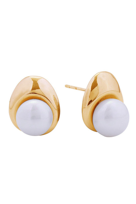 Gold Elegant button pearl post earrings crafted with 14K gold and white dipped brass. These hypoallergenic studs feature lustrous pearls set in a timeless design, perfect for everyday wear or special occasions. With a delicate 1.7cm diameter, they offer subtle sophistication. Lead and nickel compliant for sensitive skin. A versatile addition to any jewelry collection.
