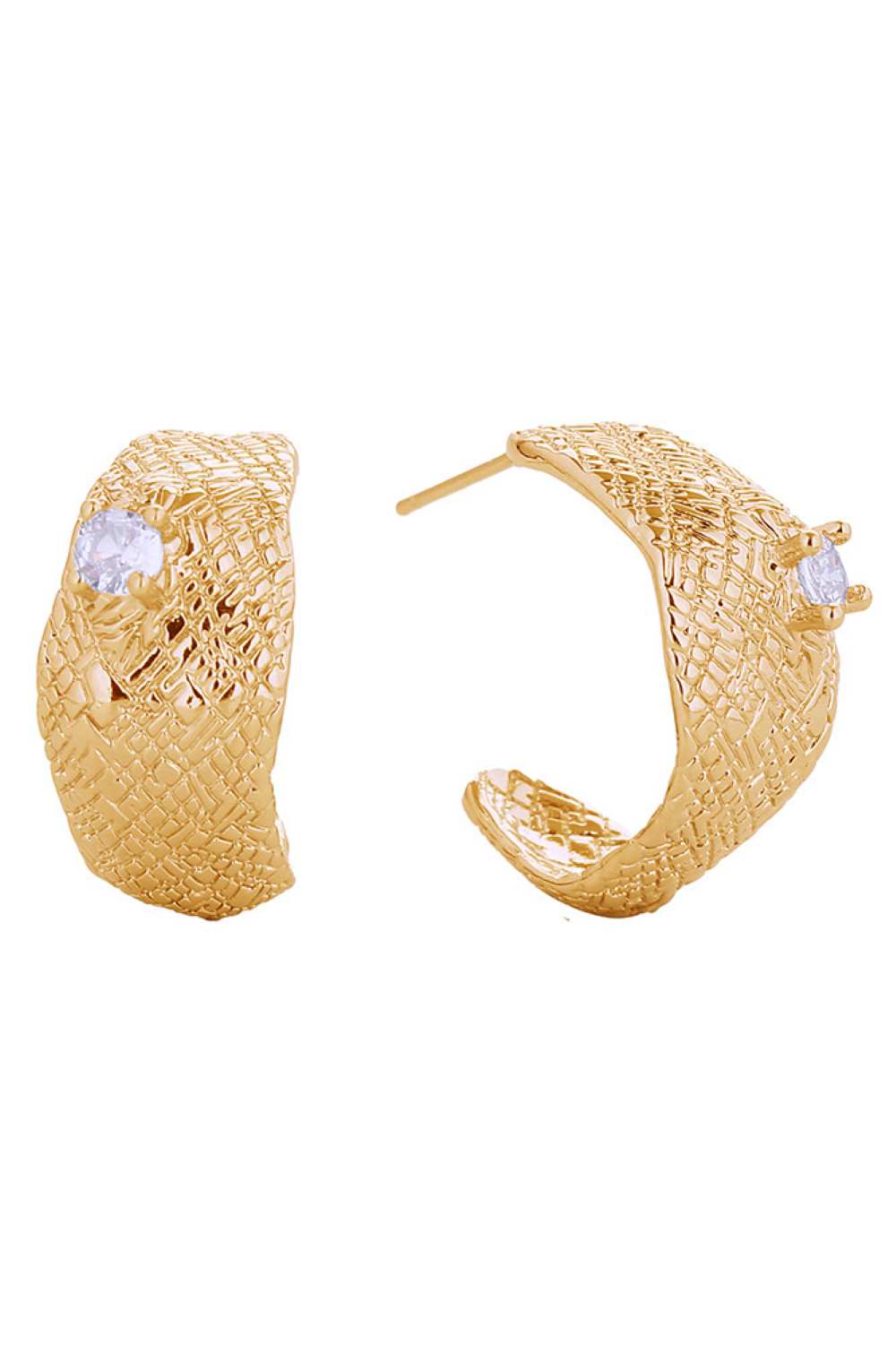 Gold Elegant crescent-shaped post earrings featuring sparkling cubic zirconia accents. Crafted from brass with 14K gold or white gold dipping for a luxurious finish. Measuring 2.5cm, these hypoallergenic earrings are perfect for sensitive skin. Lead and nickel compliant for safe, everyday wear. Expertly made in Korea, these versatile studs add a touch of sophistication to any look.