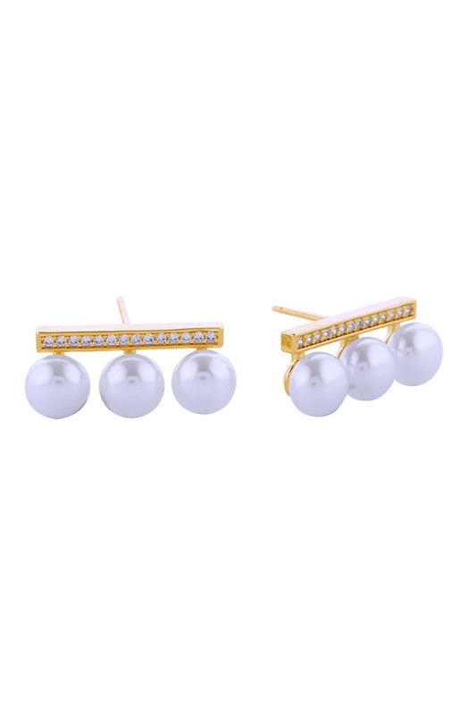 Gold Elegant post earrings featuring a trio of lustrous pearls accented with sparkling cubic zirconia bars. Crafted from hypoallergenic brass with 14K gold and white gold dipping for a luxurious finish. Each earring measures 2.3cm in diameter, offering a refined yet noticeable presence. Lead and nickel compliant, making them safe for sensitive skin. Expertly made in Korea, these versatile pieces transition seamlessly from everyday wear to special occasions.