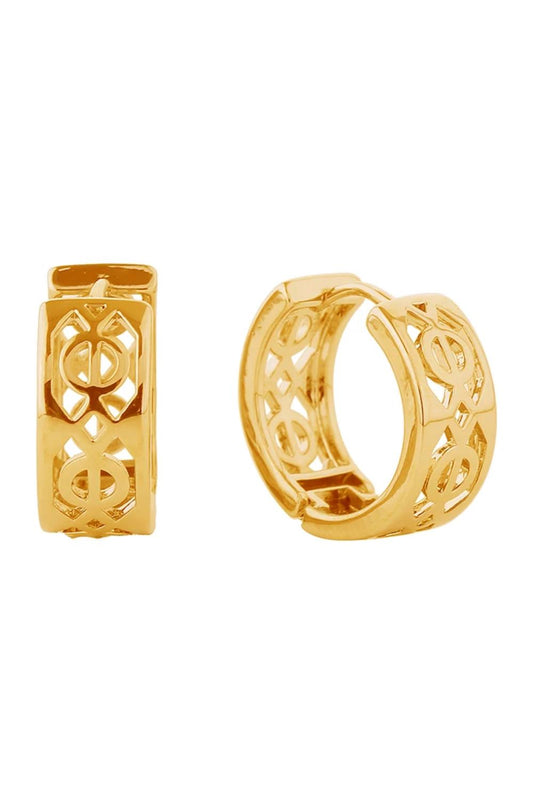 Gold Elegant Celtic cutout huggie earrings crafted in brass with 14K gold and white gold dipping. These hypoallergenic earrings feature intricate Celtic knotwork in a compact 1.6cm diameter design, perfect for everyday wear and sensitive ears. Lead and nickel compliant for safety and comfort. Expertly made in Korea.