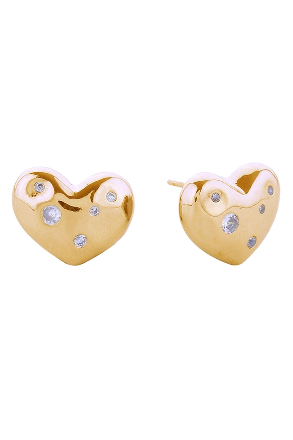 Gold Elegant heart-shaped post earrings crafted in brass with a luxurious 14K gold or white gold dip finish. Each earring features sparkling cubic zirconia pavé detailing for a sophisticated, eye-catching look. Measuring 1.5cm in diameter, these hypoallergenic studs are perfect for sensitive ears and comply with lead and nickel safety standards. Expertly made in Korea, they're an ideal everyday accessory or thoughtful gift.