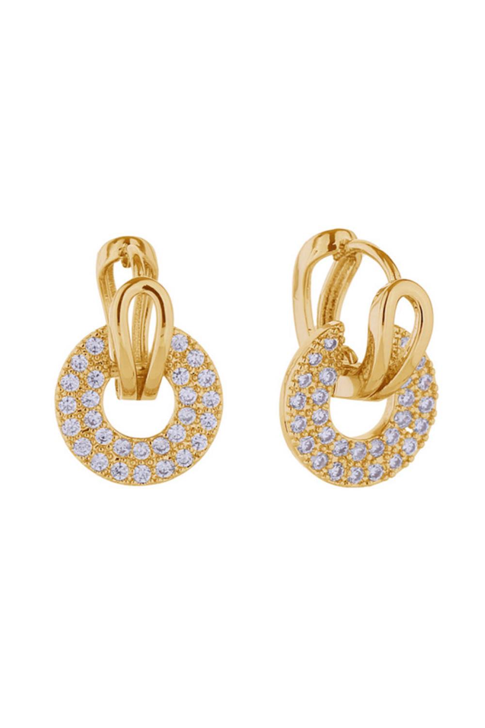 Gold Elegant circle drop earrings featuring sparkling cubic zirconia pavé detailing. Crafted from brass with 14K gold and white gold dipping for a luxurious finish. Measuring 1.7cm, these hypoallergenic earrings are perfect for sensitive skin. Lead and nickel compliant for safe, everyday wear. Made in Korea with quality craftsmanship.