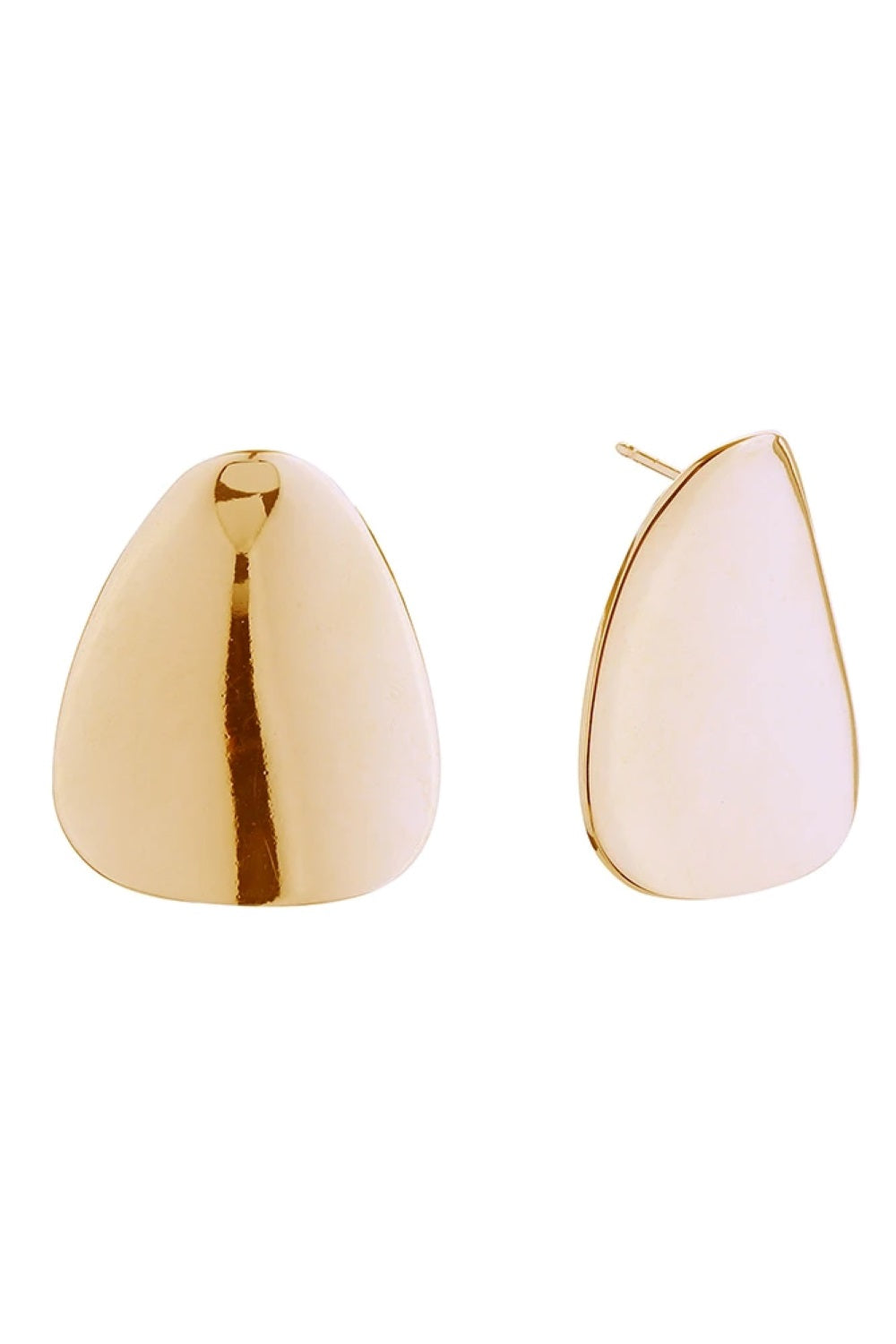 Gold Elegant post earrings featuring a distinctive circular triangle design, delicately dipped in 14K gold or white gold. Crafted from hypoallergenic brass and made in Korea, these earrings are lead and nickel compliant for sensitive skin. With a 2.8cm diameter, they offer a refined geometric statement that complements any look. Perfect for everyday wear or special occasions.